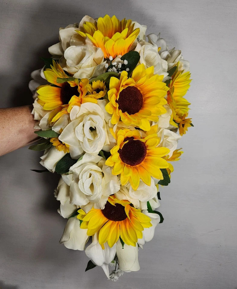 Ivory Rose Sunflower Bridal Wedding Bouquet Accessories - Image 4 of 4