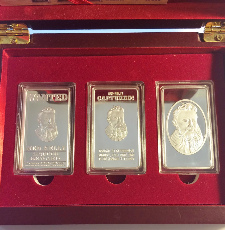 NED KELLY Set Of 3 x 1oz Ingots With Display Box Finished in 999 Silver LTD - image 2 of 4