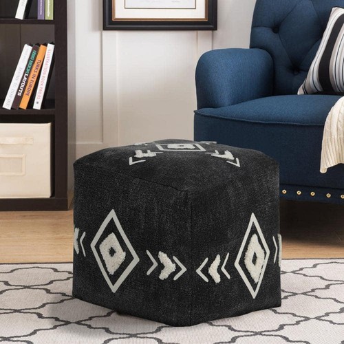 Evette Rios Pouf Ottoman 18"x18"x14" Textured Black/White Diamond Medallion - Picture 7 of 7