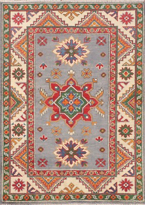 Geometric Gray/ Ivory Super Kazak Oriental Foyer Rug 3'x4' Wool Handmade Carpet