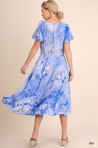 SIZE M UMGEE SKY BLUE Tie Dye Flutter Sleeves Side Pocket Midi Dress BHCS - Picture 4 of 5