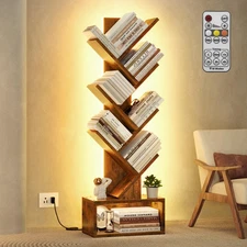 6 Tier Tree Bookshelf, Tall Bookcase, Freestanding Book Shelf with LED Lights...
