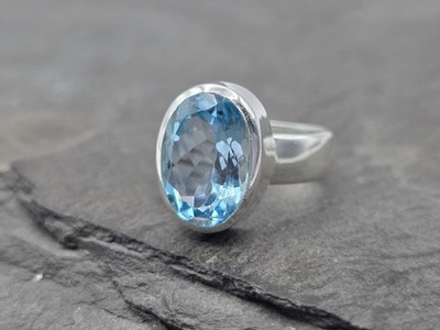 Großer Blue Topaz Ring 925 Silber   Ovaler Blautopas Edelstein   Ring Größe 58