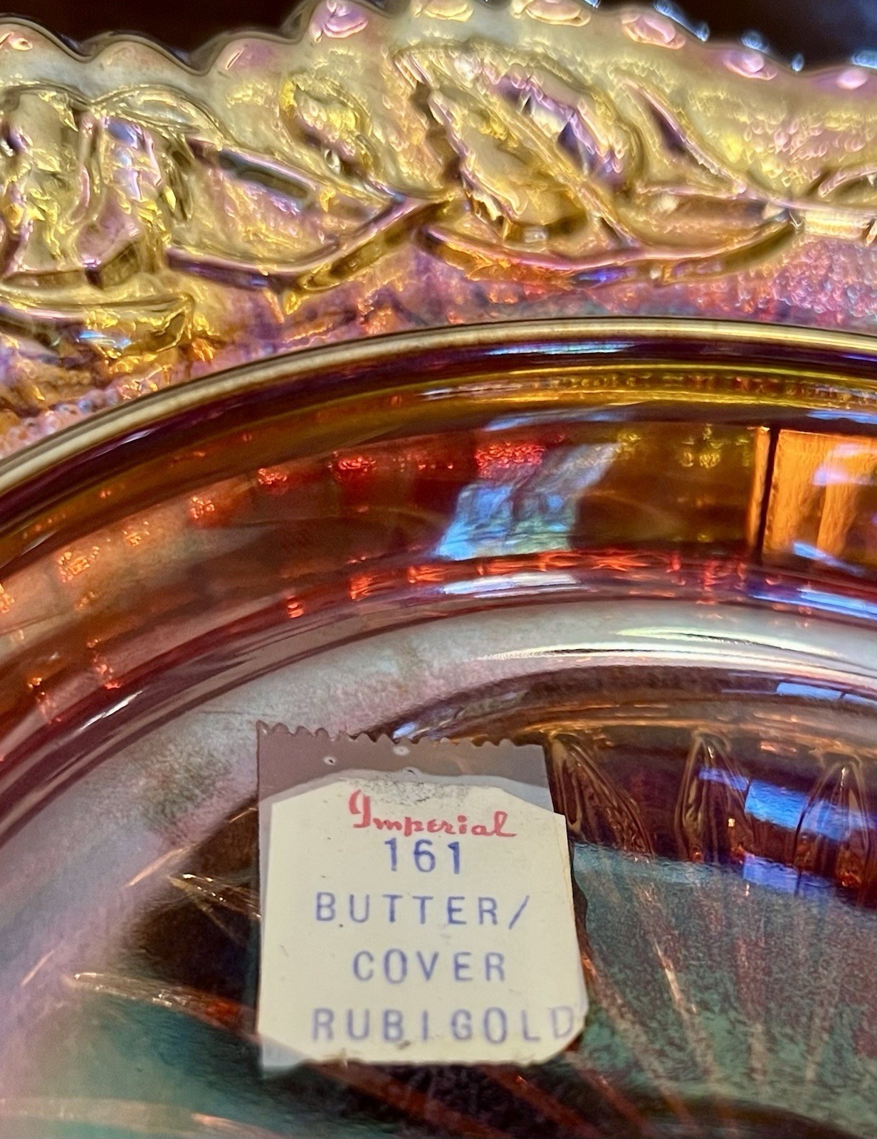 IMPERIAL CARNIVAL GLASS Round Covered Butter Dish 1910 Open Rose Marigold