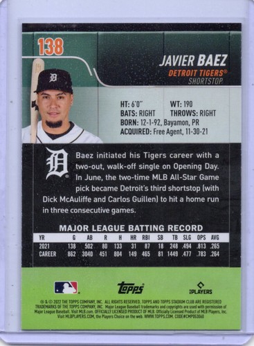 2022 Topps Stadium Club - Javier Báez #138 Detroit Tigers - Picture 2 of 2