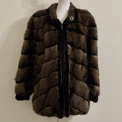 Black Brown Striped Phantom Sheared Beaver Fur Zip Front Fur Coat Made in Canada