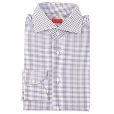 Isaia Tailored-Fit Navy-Brown Grid Check Cotton Dress Shirt 15.5 Eu 39 NWT