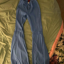 Womens Blue Solid Flared Ankle Pants - Regula...