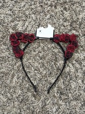 Halloween Red And Black Glitter Rose Cat Ears Headband New NWT