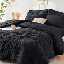 HYMOKEGE Black Queen Comforter Set Seersucker 7 Pieces, All Season Luxury Bed in