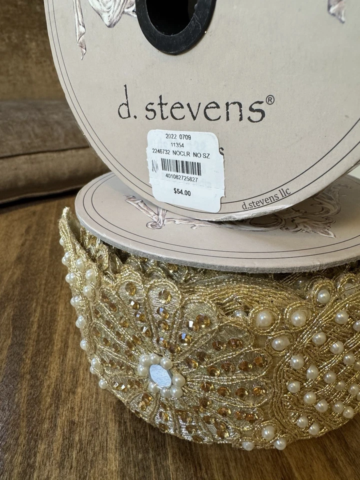 D. Stevens Ribbon Gold Metallic With Pearl Embellishments 2.5” Wide 15’ Rare - Image 4 of 4