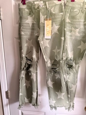 Risen Jeans Star Print Distressed Raw Hem Size 1 25 Sage Green