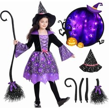 Light Up Witch Costume for Girls, Witch Halloween Costumes with Witch Broom Hat