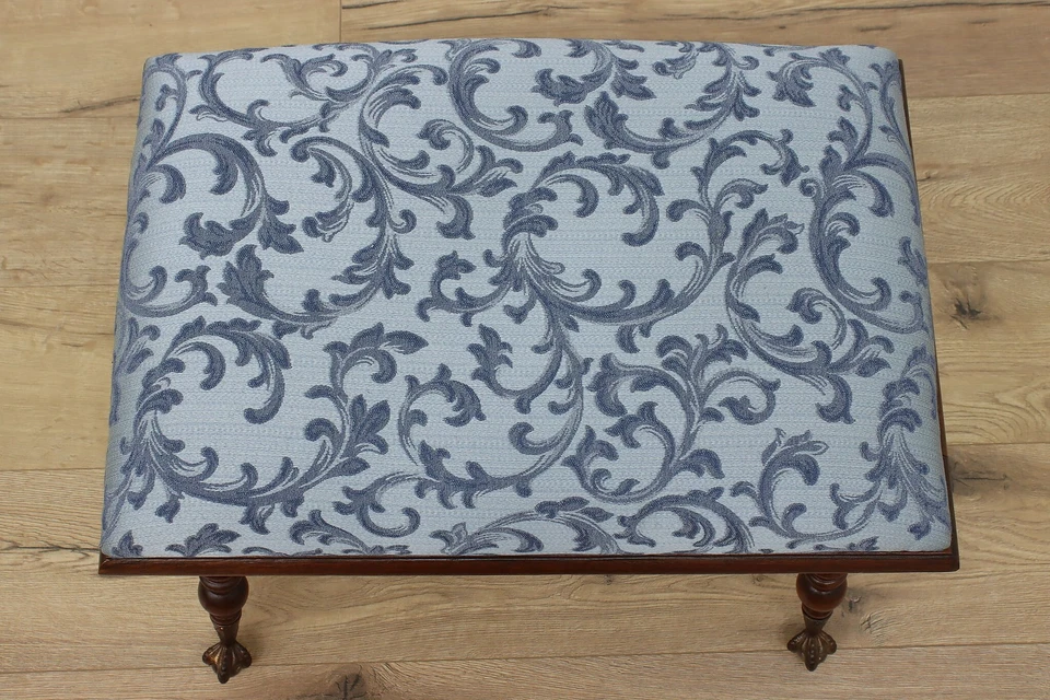 Banco o taburete victoriano antiguo con pie de bola de vidrio tela nueva #55122 Foto 3 de 4