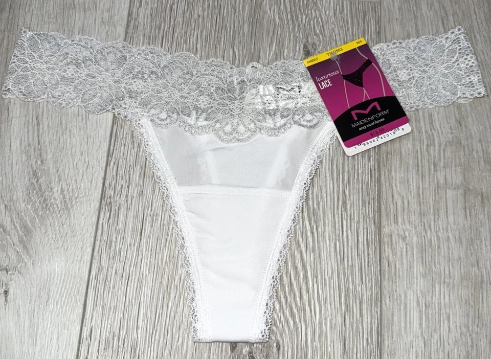 Sexy Tanga Maidenform Para Mujer Todo Encaje DEBE Tener Panty Blanco Plateado Talla M 6 Foto 2 de 4