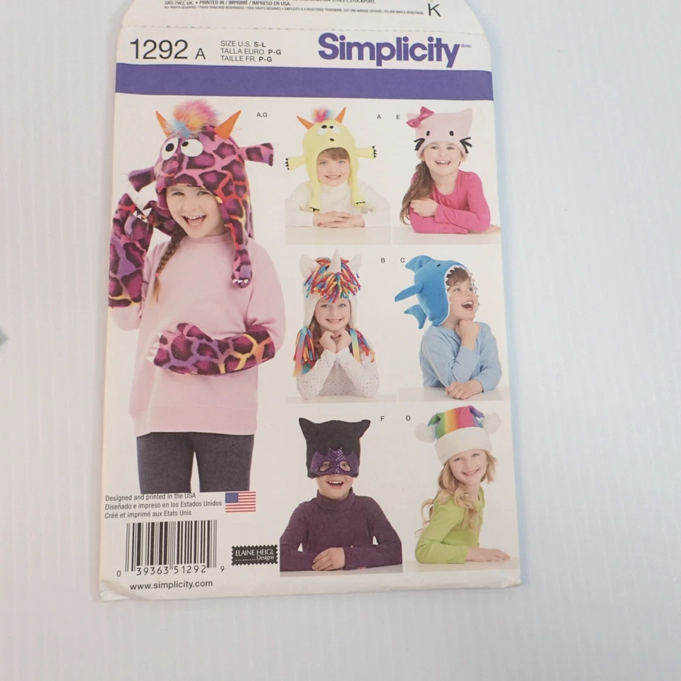 Kids Character Hats & Mittens Sewing Pattern Uncut Simplicity 1292A Sizes S-L - Image 2 of 4