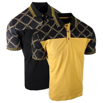 Mens Polo Shirt Designer Italian Luxury Stripe Shoulders Slim Fit Stretch Casual