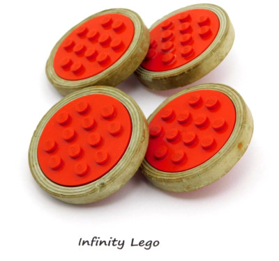 4 LEGO Vintage Red Wheels 12 Studs Metal Axle Light Grey Solid Rubber 715a / 36