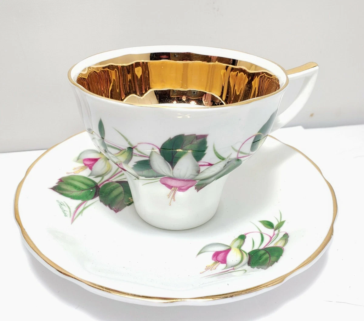 Jason Bone China Tea Cup and Saucer FUSCHIA FLOWERS Gold Trim