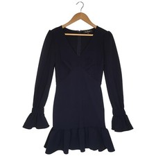 Lulus Womens Medium Style And Flare Ruffled Long Sleeve Mini Dress Navy Blue