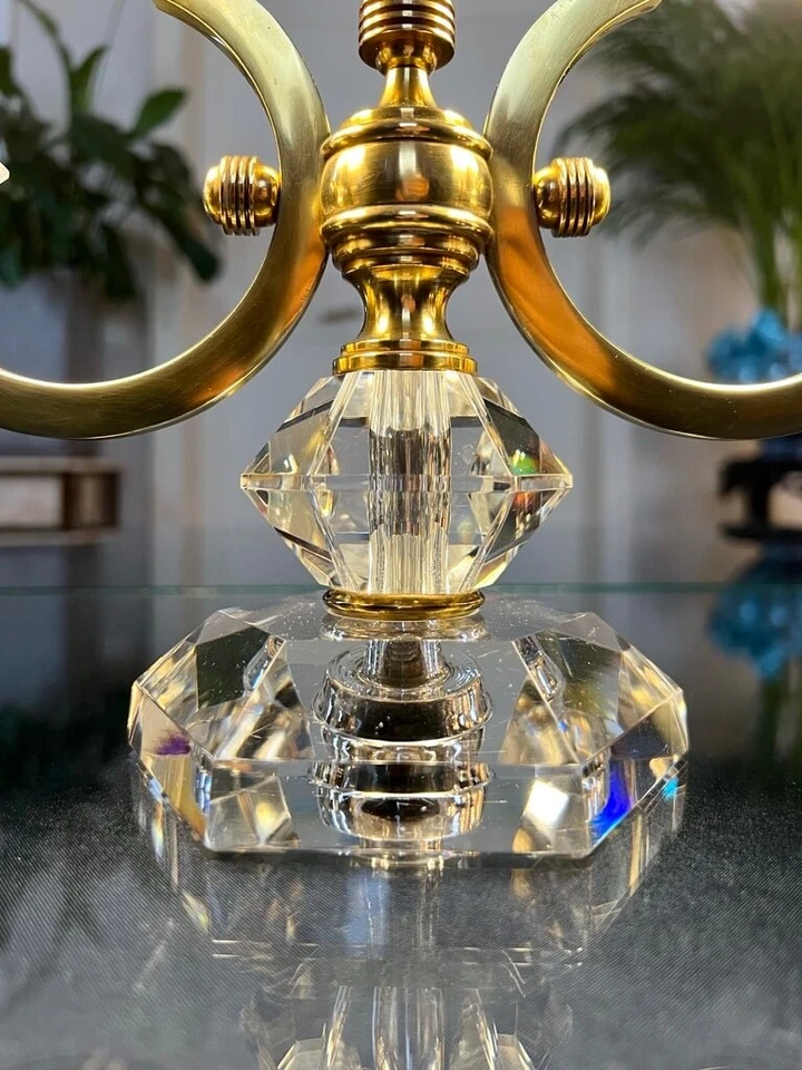 Lampe Art Déco En Cristal Et Laiton - Luminaire 1930 - 1940 - Abat-jours - Photo 2/4