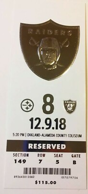 2018 Oakland Raiders Pittsburgh Steelers NFL Football Full Ticket Stub