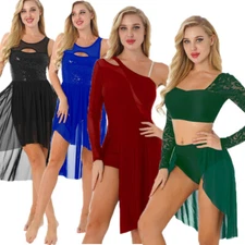 Womens Dance Costume Outfits Lace Long Sleeve Crop Top+Skirted Briefs Dancewear