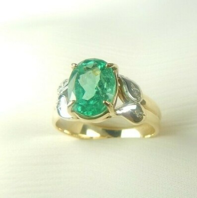 Colombian Emerald & Diamond Ring 2.06 Cts Oval Shape 14K Gold Size 7.75 US Muzo 