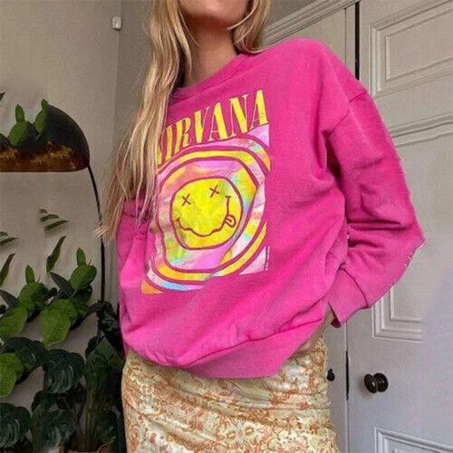 New Nirvana Smiley Face Crewneck Sweatshirt Casual hoodie Heliconia Color Giftš§„ - Picture 3 of 15