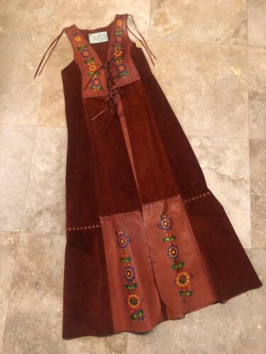 Vintage 70s Char Leather Vest Jacket Duster Hand Painted Whipstitched Hippy Boho - Afbeelding 1 van 3