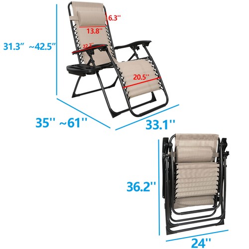 2PC Zero Gravity Reclining Lounge Chairs Folding Patio Garden Beach Deck Tray - Picture 7 of 12