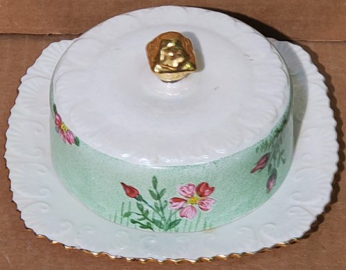 Antique Butter Dish Square Plate Round Finial Dome Gold Edge Pink Roses China - Picture 2 of 10
