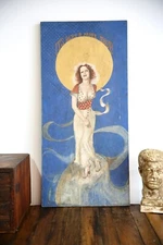 Vintage Abstract Oil Painting Canvas art lady moon figural MCM Antique music