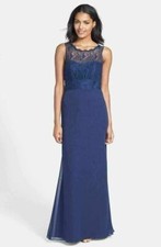 JIM HJELM OCCASIONS Illusion Lace Bodice Chiffon Dress Sz 8 Navy