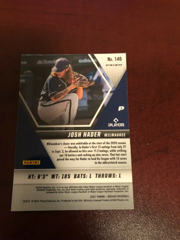 2021 Panini Mosaic Red Mosaic Prizm Refractor Josh Hader card #146 - Image 2 of 2