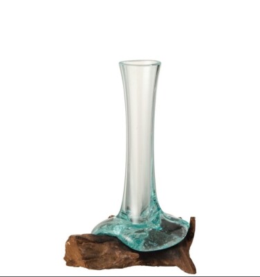 1x Vase auf Fuß Gamal Holz Recycelt Glas Naturell/Transparent Small H 18 cm