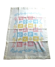Baby Pepperell Crib Blanket Yellow satin trim Pastel pink & blue print 35" x 49