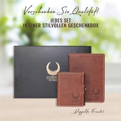 HANDMADE Portemonnaie Herren Damen Leder Mini Reisepasshülle Geschenkset Braun