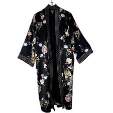 Johnny Was Floral Satin Duster Kimono Cardigan Jacket Velvet Trim XL Black