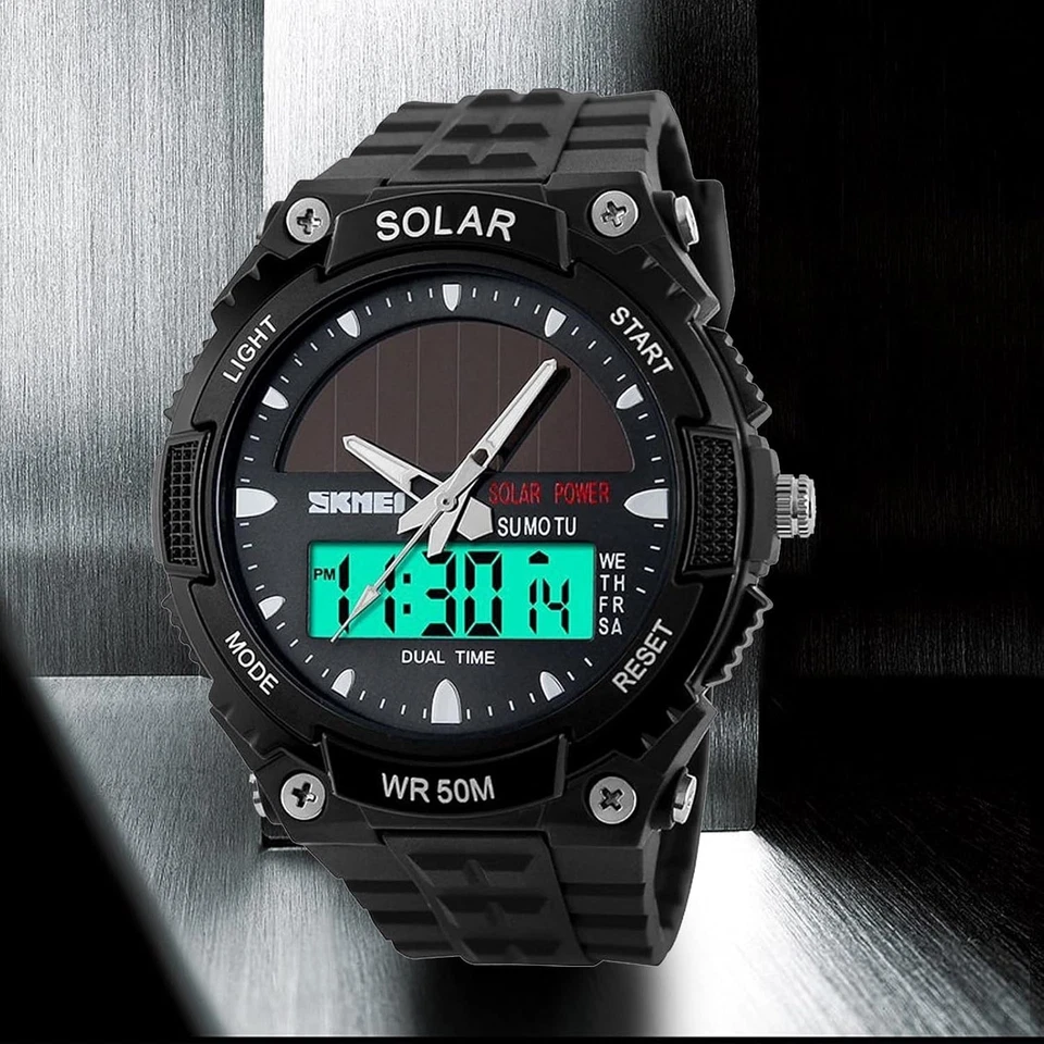 Reloj pulsera de cuarzo informal analógico digital negro FANMIS para hombre alimentado por energía solar  Foto 3 de 4