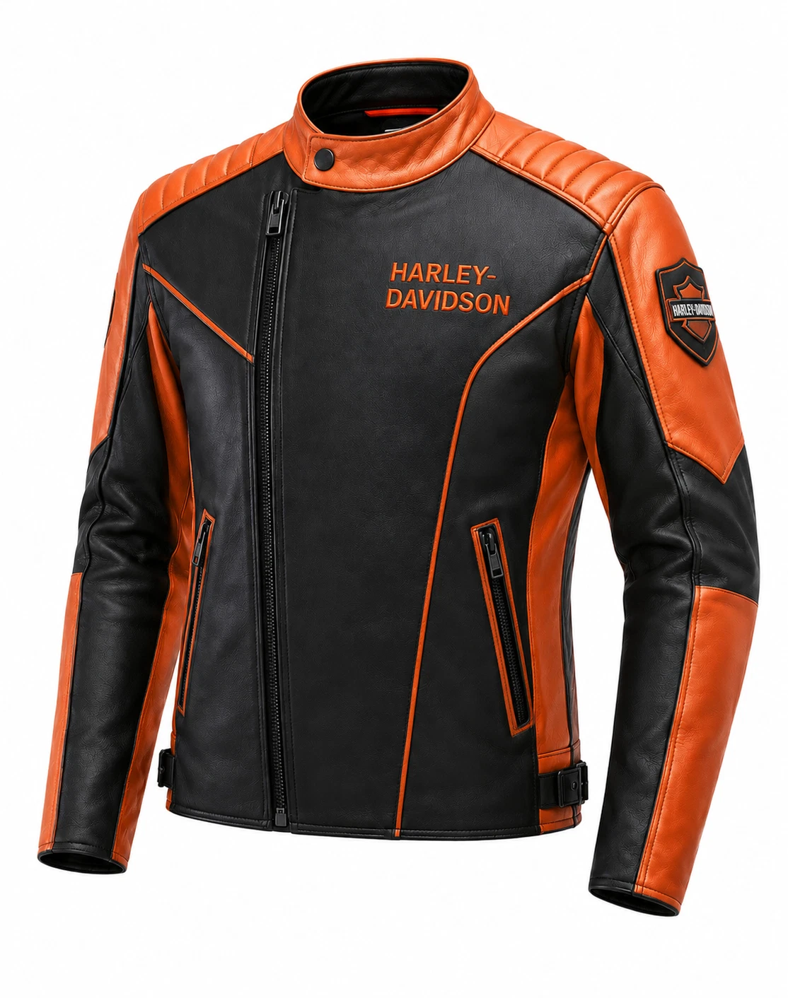 Harley Black Orange Leather Riding Jacket Men’s Biker Coat