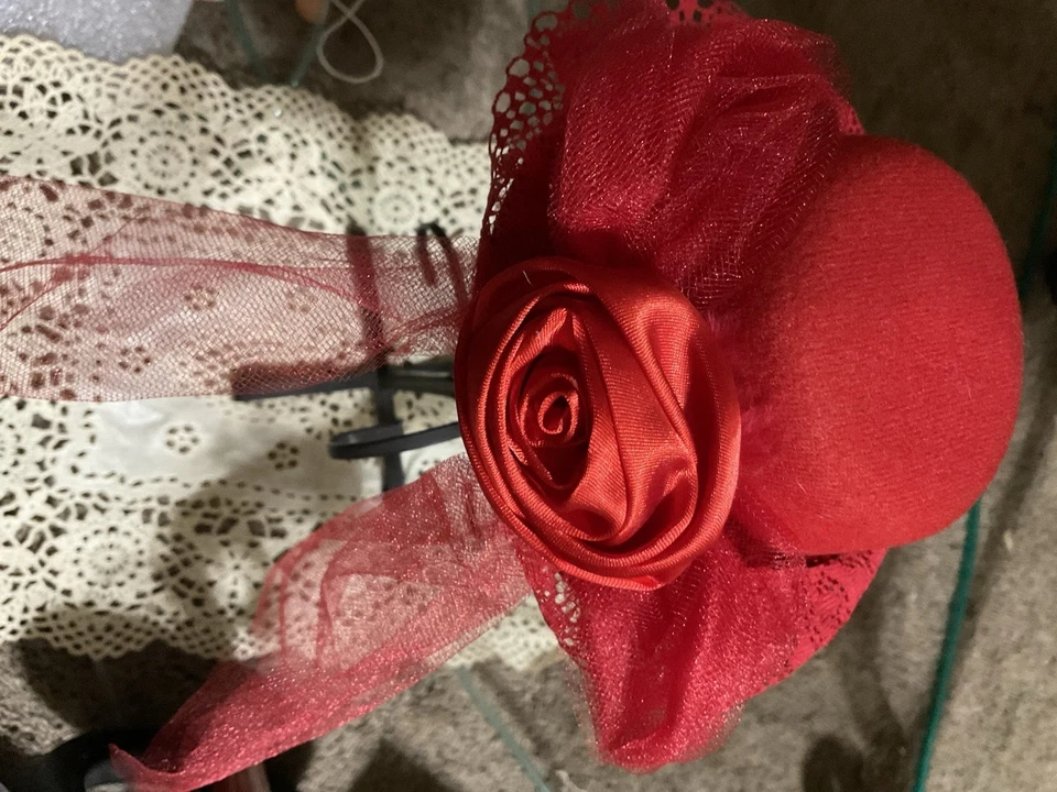 Red Fascinator Women's Headpiece Hat Vintage, Satin Rose, Sequins Mesh Bow,lace - Image 2 of 4