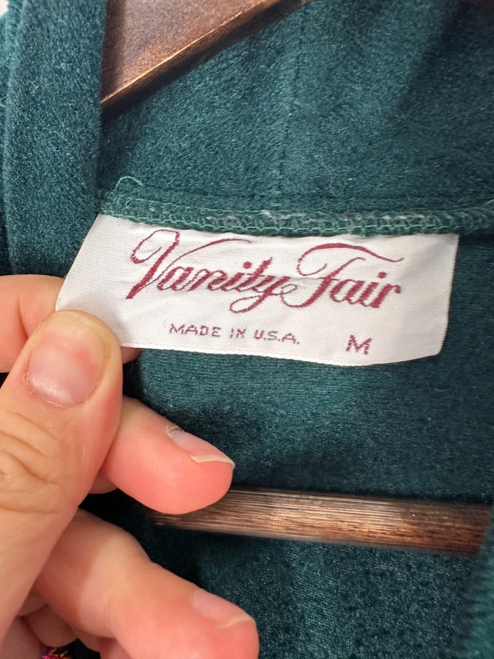 Maxi plumero vintage Vanity Fair bata M verde bordado ropa de salón boho retro Foto 3 de 4