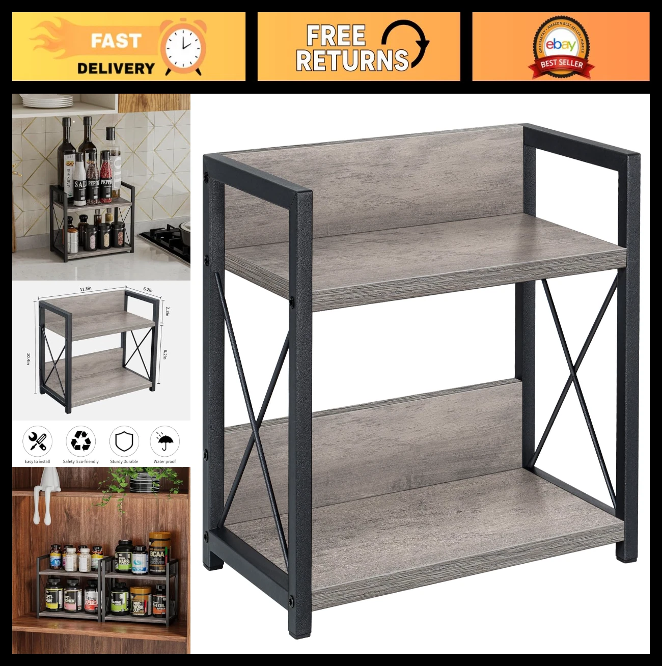 2-Tier Kitchen Spice Rack Organizer, Wood Countertop Shelf for Coffee & Spices