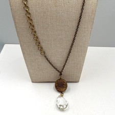 Vintage Style Brass Teardrop Necklace Faceted Glass Crystal Pendant Long Stateme