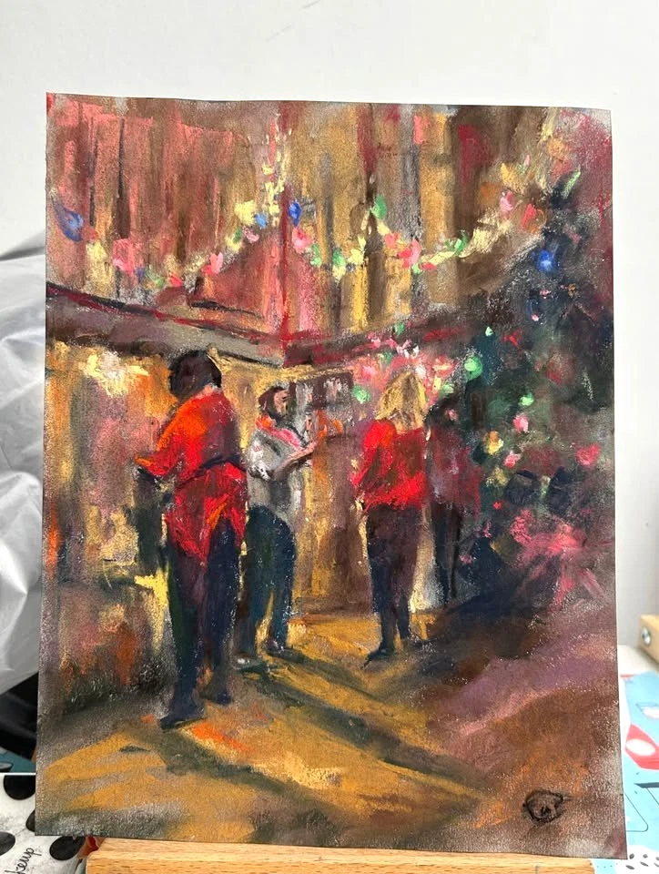 Pintura pastel hecha a mano, fiesta de Navidad 9x12 arte de pared sin marco, firmado Foto 2 de 4