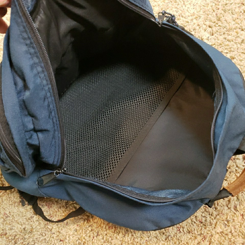 Vintage Eastpak USA Navy Blue Backpack 3 Pocket Leather Bottom 90s
