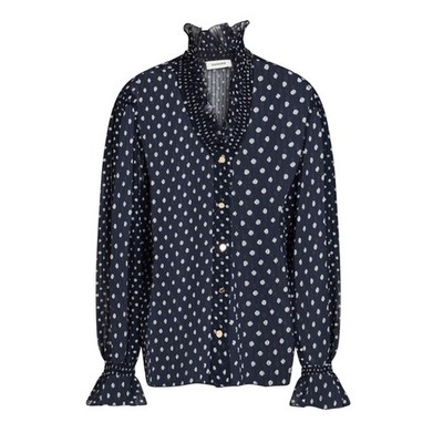 SANDRO Paris Ruffle Polka Dot Blouse Womens Size 1 / US 4 Blue Sheer Pleated Top