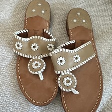 Jack Rogers Sandals Tan and White Leather Flat Sandals Size 9 Made in USA