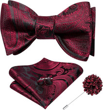Mens Black Burgundy Bow Ties Paisley Self Tie Bowtie and Lapel Pin for Men Ha...